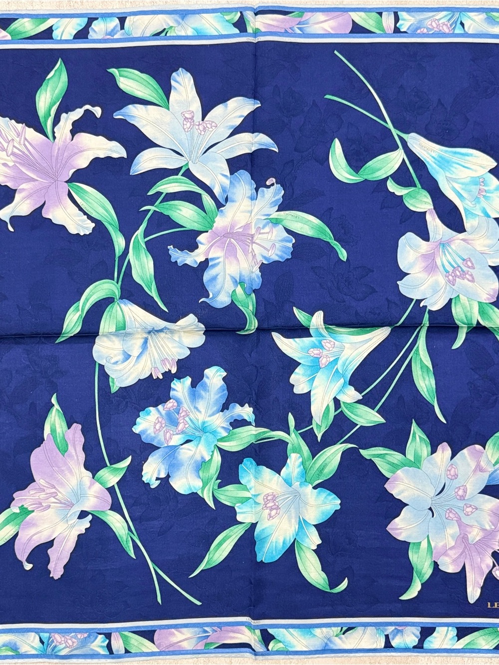Leonard vintage Floral Satin Scarf in Navy with Pastel Blooms